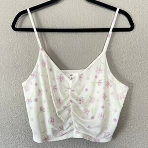 BP. White Floral Sheer Overlay Lined Sleeveless Ruched Womens Crop Top XL